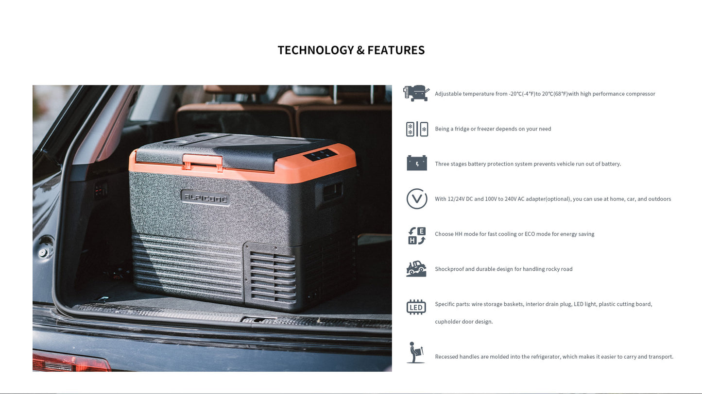 Alpicool Portable Car Freezer, 12 Volt Refrigerator,30L/ 40L/50L Fast Cooling 12V Car Fridge, Car Cooler for RV, Truck, Camping, Outdoor -12/24V DC and 100-240V AC (Black & Orange)