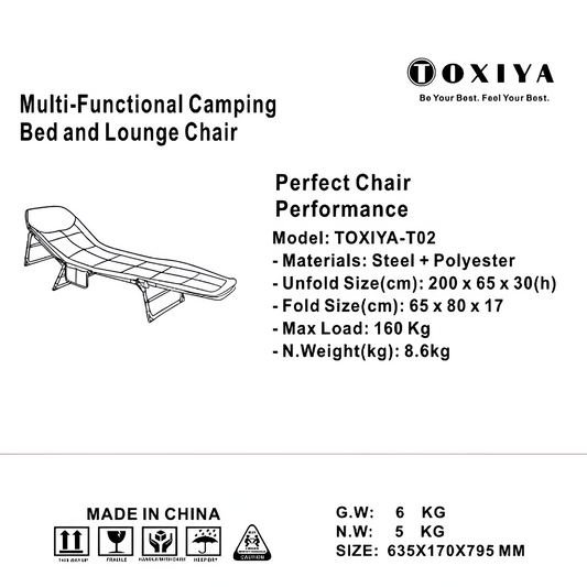 TOXIYA Portable folding bed, suitable for camping and home use,ergonomic design, integrated mattress design,breathable and comfortable,flexible angle adjustment,with intimate side pockets