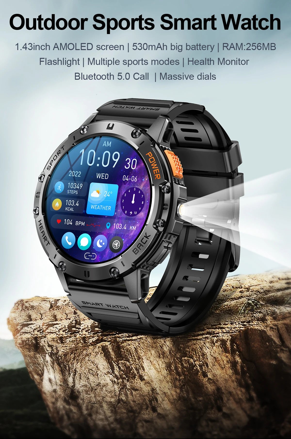 TOXIYA Military 1.43 inch Smart Watch (Answer/Dial Calls)100+Sports Modes,5ATM Waterproof Fitness Watch with Flashlight,Heart Rate,SpO2,Blood Pressure for Android/iOS