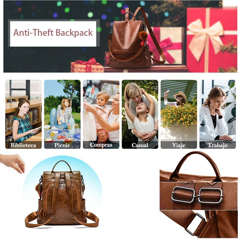 Anti-Theft Backpack Shoulder Bag for Women Spacious Waterproof PU Leather-M