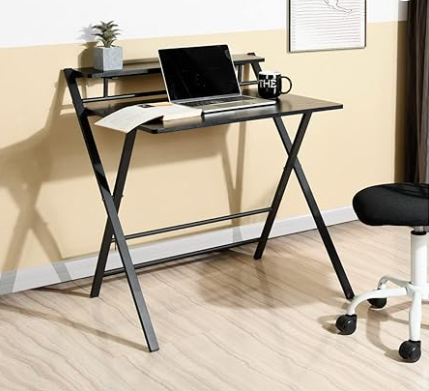 2 Tier Folding Study Desk Table & Gaming/Computer Workstation - brown and black