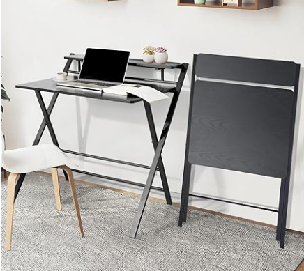 2 Tier Folding Study Desk Table & Gaming/Computer Workstation - brown and black