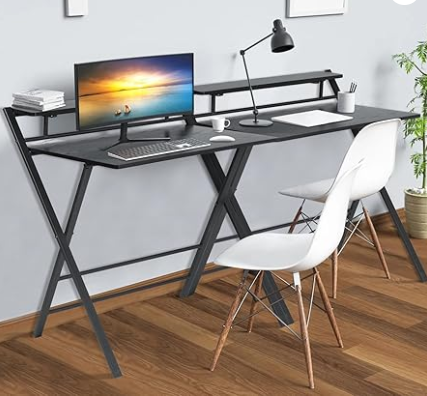 2 Tier Folding Study Desk Table & Gaming/Computer Workstation - brown and black