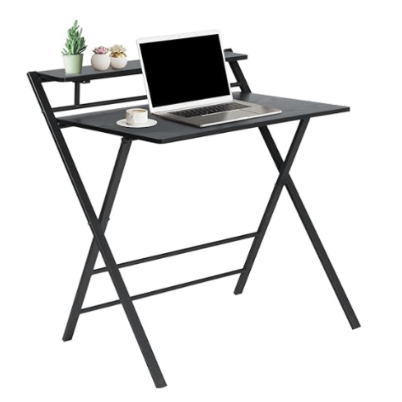 2 Tier Folding Study Desk Table & Gaming/Computer Workstation - brown and black