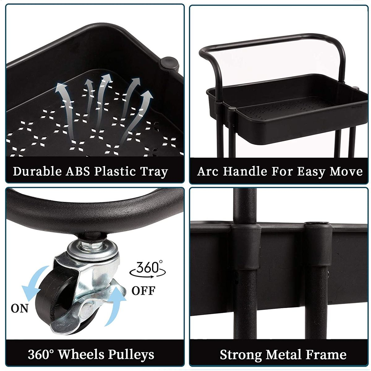 3 Tier Rolling Storage Trolley for Kitchen, Bathroom, Office, Workshop