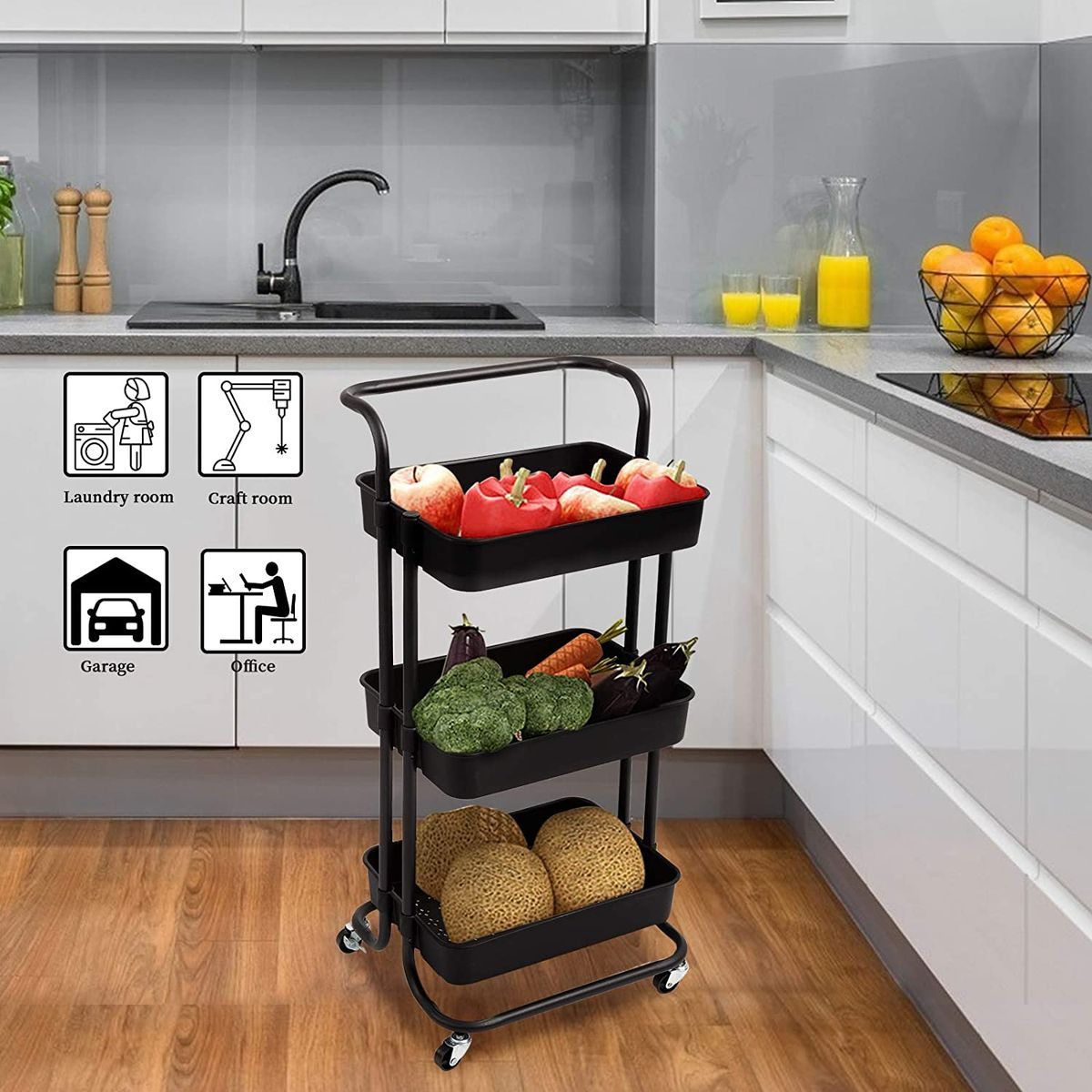 3 Tier Rolling Storage Trolley for Kitchen, Bathroom, Office, Workshop