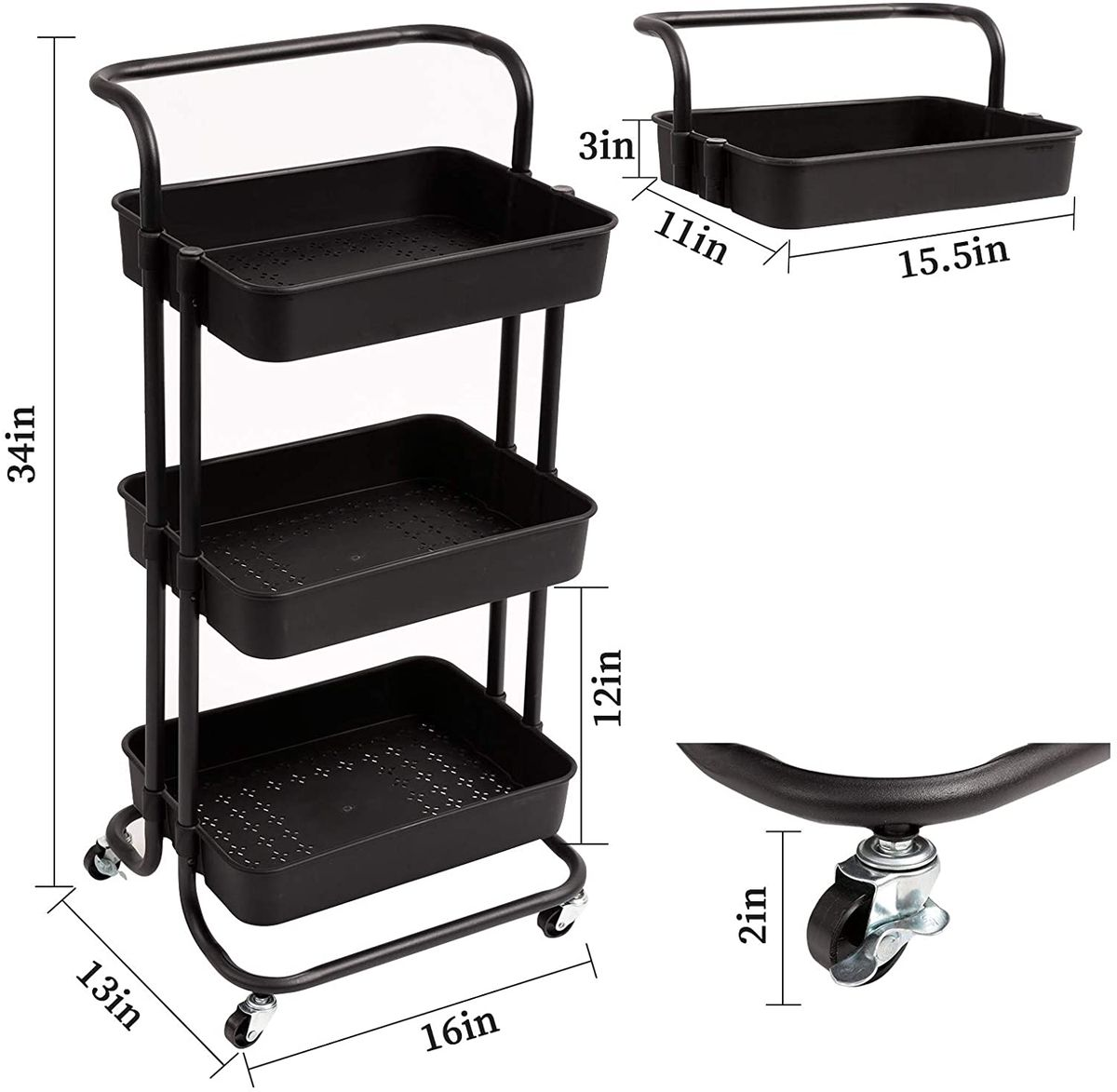 3 Tier Rolling Storage Trolley for Kitchen, Bathroom, Office, Workshop