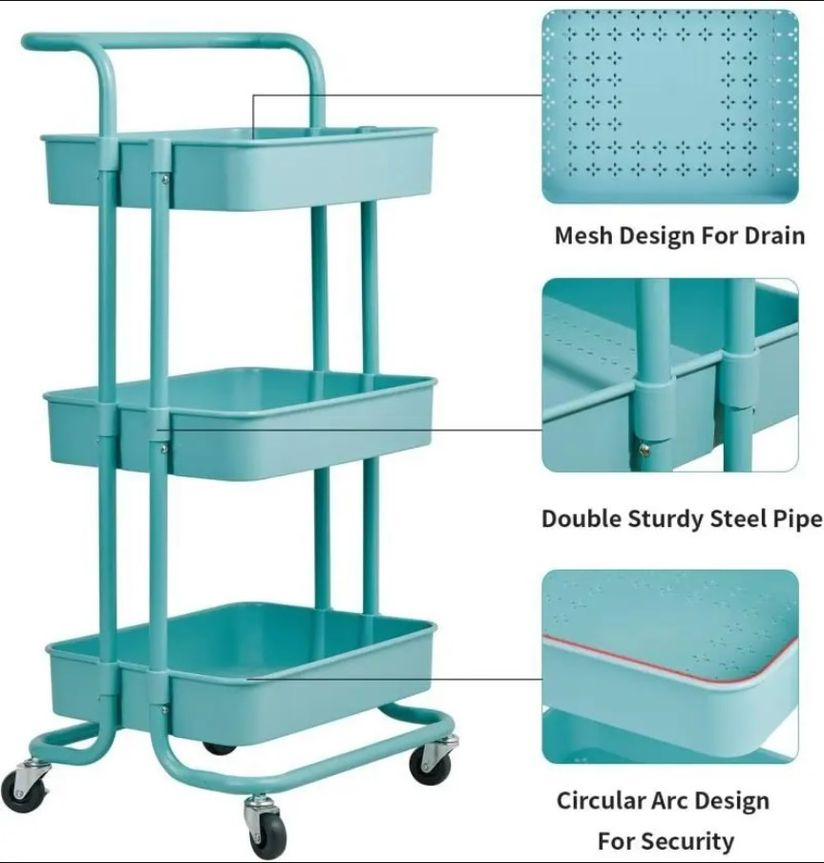 3 Tier Rolling Storage Trolley for Kitchen, Bathroom, Office, Workshop
