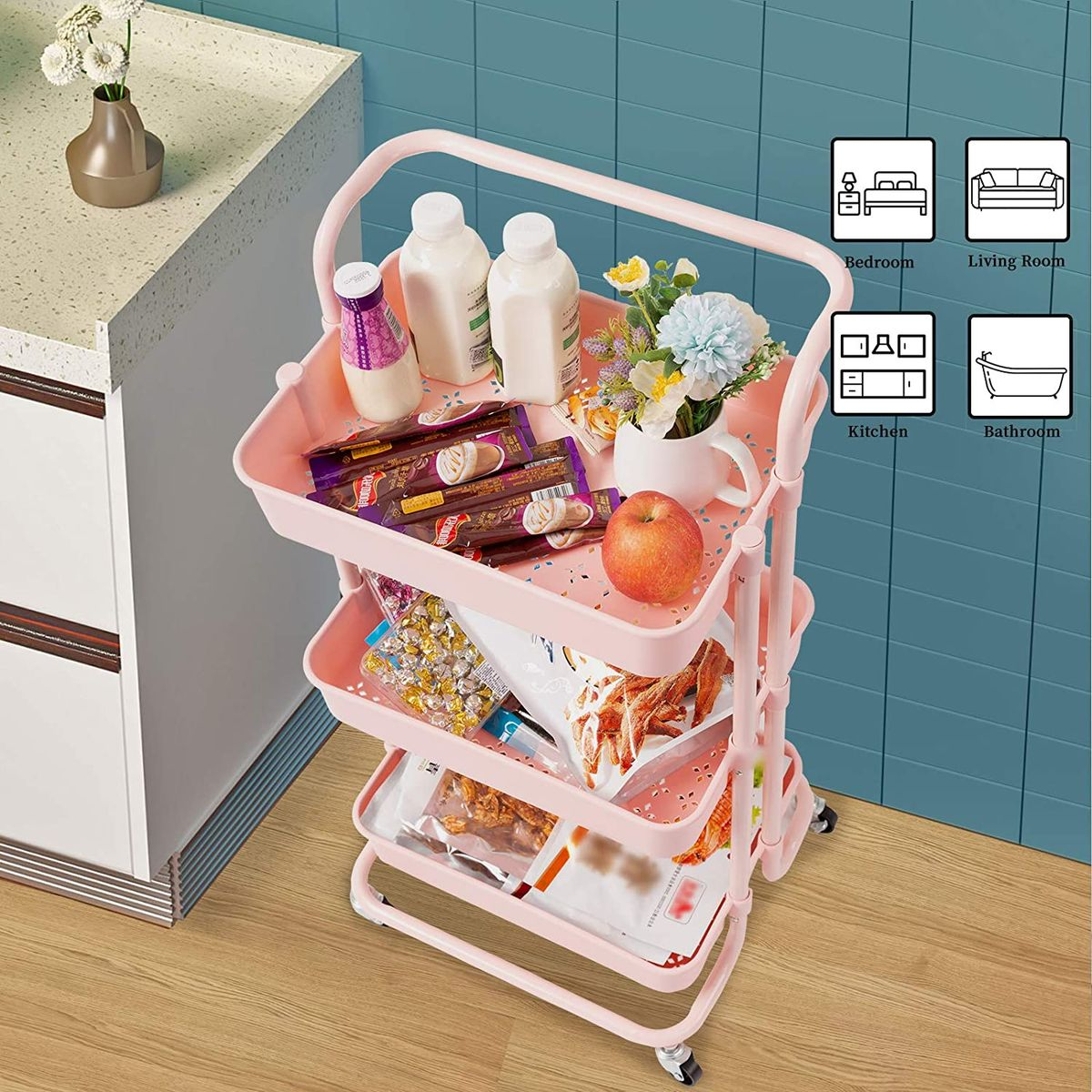 3 Tier Rolling Storage Trolley for Kitchen, Bathroom, Office, Workshop