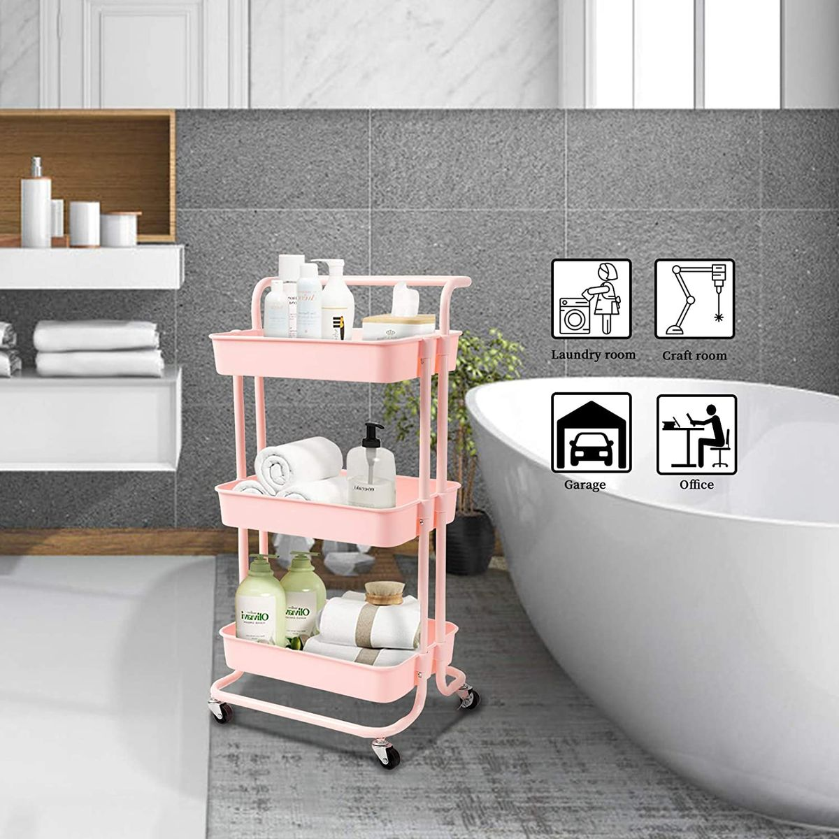 3 Tier Rolling Storage Trolley for Kitchen, Bathroom, Office, Workshop
