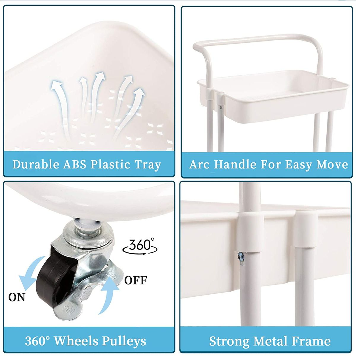3 Tier Rolling Storage Trolley for Kitchen, Bathroom, Office, Workshop