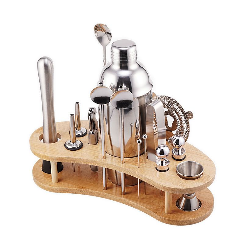 Cocktail Shaker Set with Stylish Bamboo Stand - 16 Piece