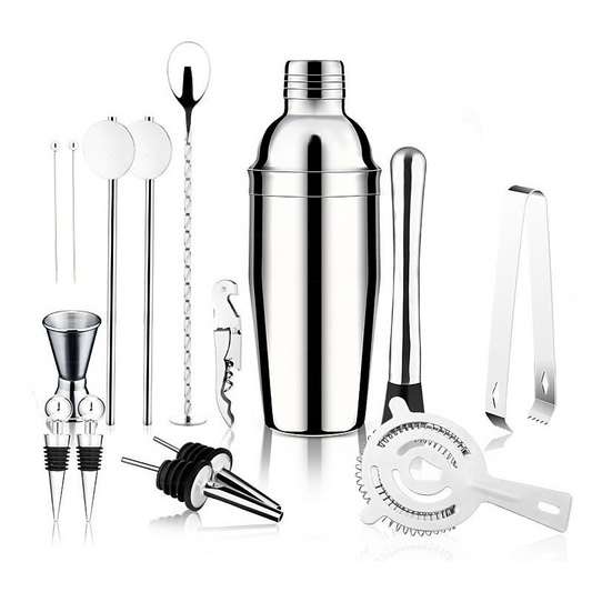 Cocktail Shaker Set with Stylish Bamboo Stand - 16 Piece