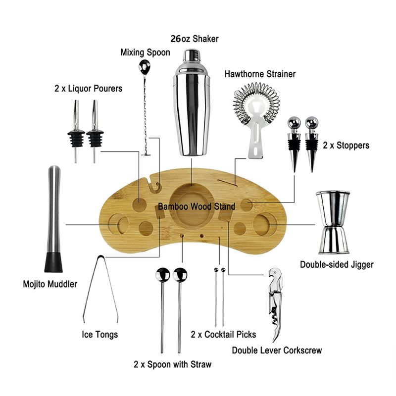 Cocktail Shaker Set with Stylish Bamboo Stand - 16 Piece