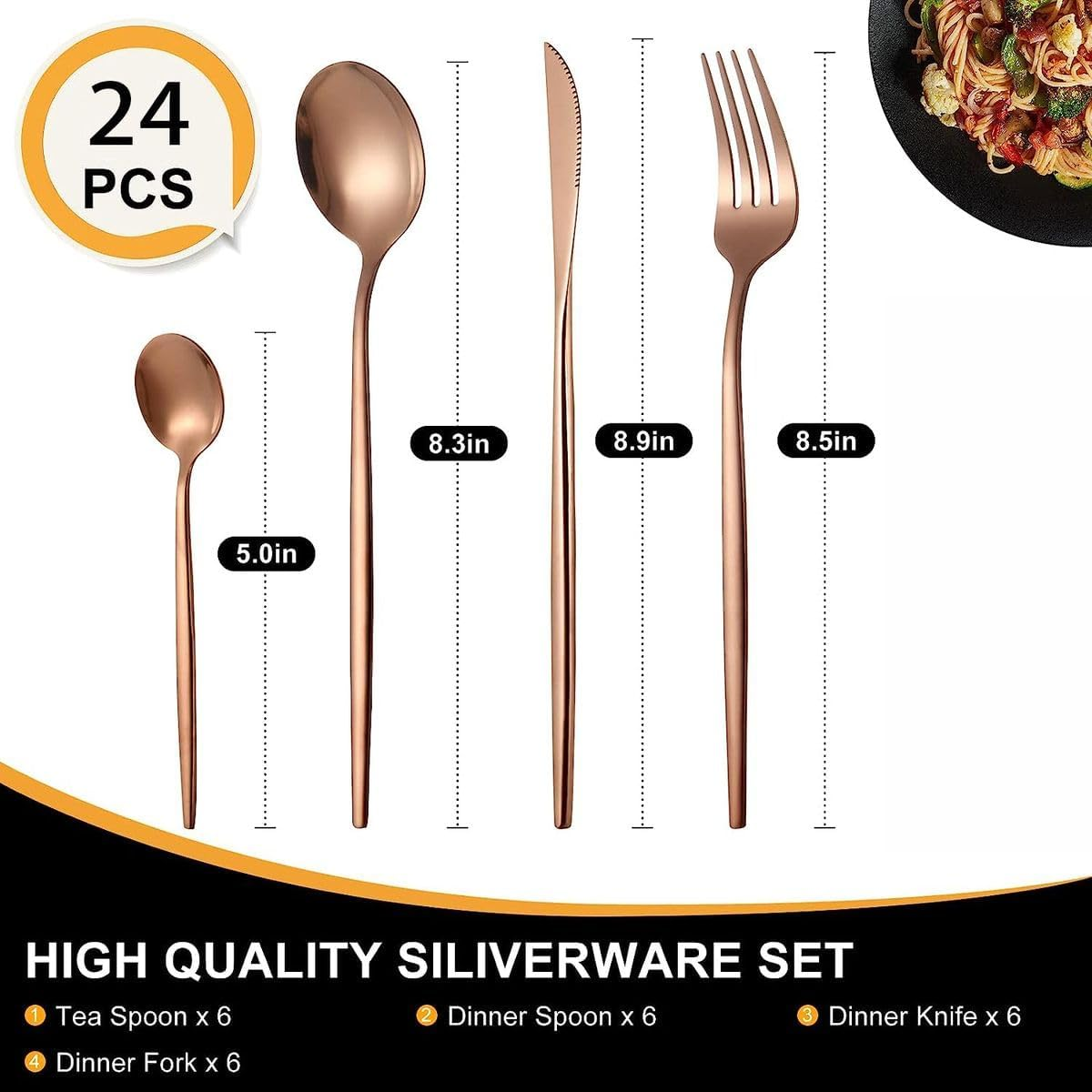 TOXIYA 24 Piece Flatware Set, Stainless Steel Knife Fork Spoon, Home Dinnerware Tableware Set for 6, Cutlery Set, Include Knives/Forks/Spoons