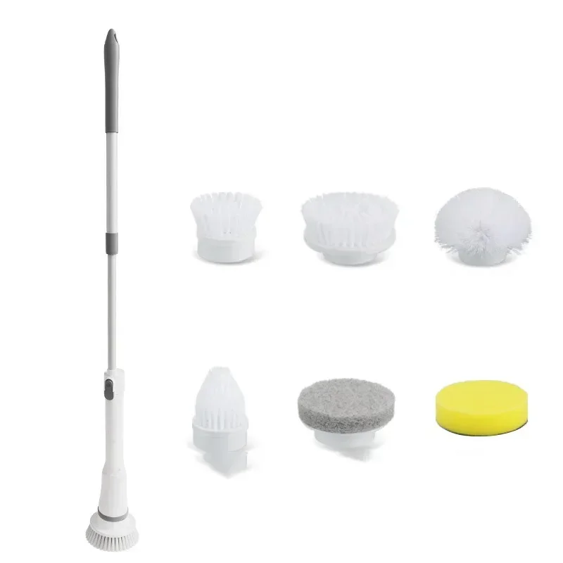 Cordless Cleaning Brush Household Automatic Rotating Mop Retractable Long Handle Rechargeable No Bend Mop-With 6 heads