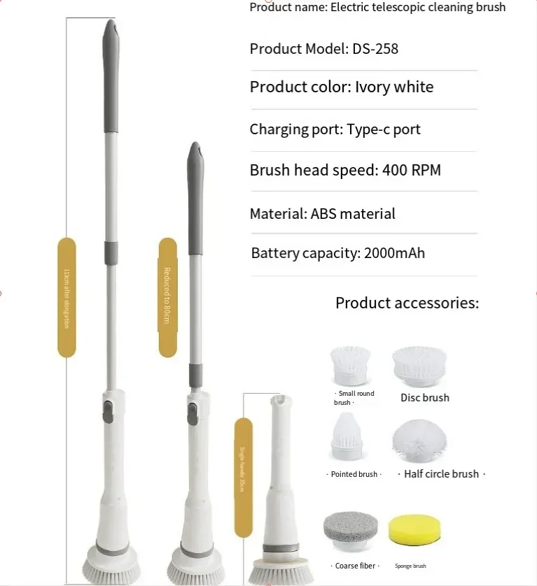 Cordless Cleaning Brush Household Automatic Rotating Mop Retractable Long Handle Rechargeable No Bend Mop-With 6 heads