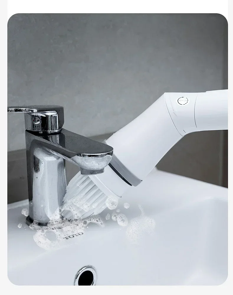 Cordless Cleaning Brush Household Automatic Rotating Mop Retractable Long Handle Rechargeable No Bend Mop-With 6 heads