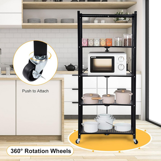 Multi Tier Foldable Storage Rack Tier Folding Kitchen Rack Unit with Wheel - Five Layers