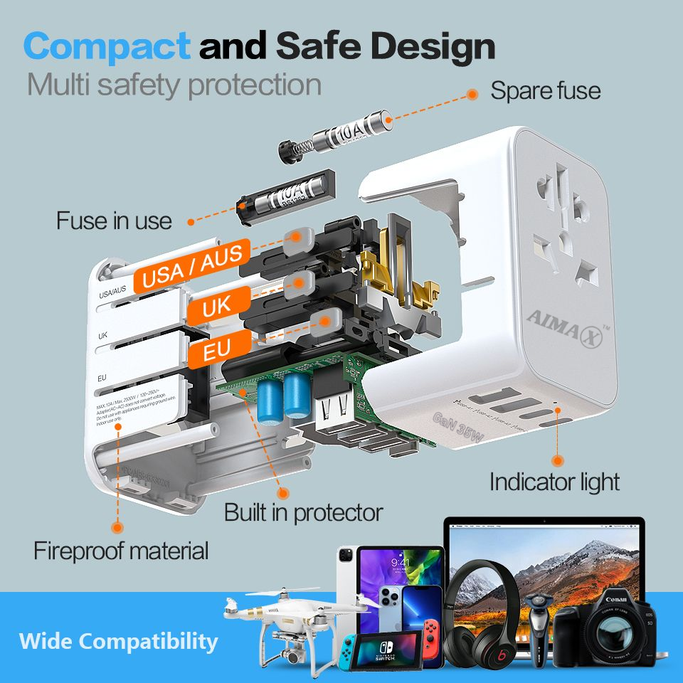 AIMAX Universal Travel Adapter Charger AC Plug USA EU UK AU USB Type-C