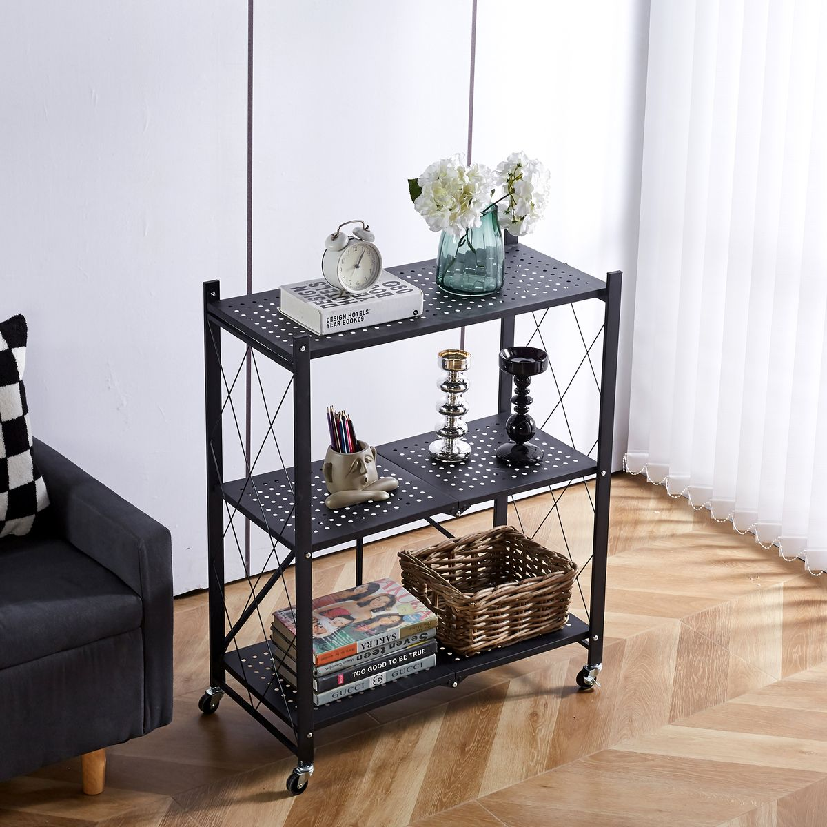 Folding storage rack, microwave rack, metal rack, folding metal rack, removable storage rack, multi-purpose rack, 3-layer, 4-layer, 5-layer, load-bearing capacity