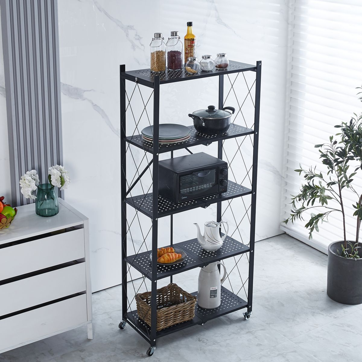 Folding storage rack, microwave rack, metal rack, folding metal rack, removable storage rack, multi-purpose rack, 3-layer, 4-layer, 5-layer, load-bearing capacity