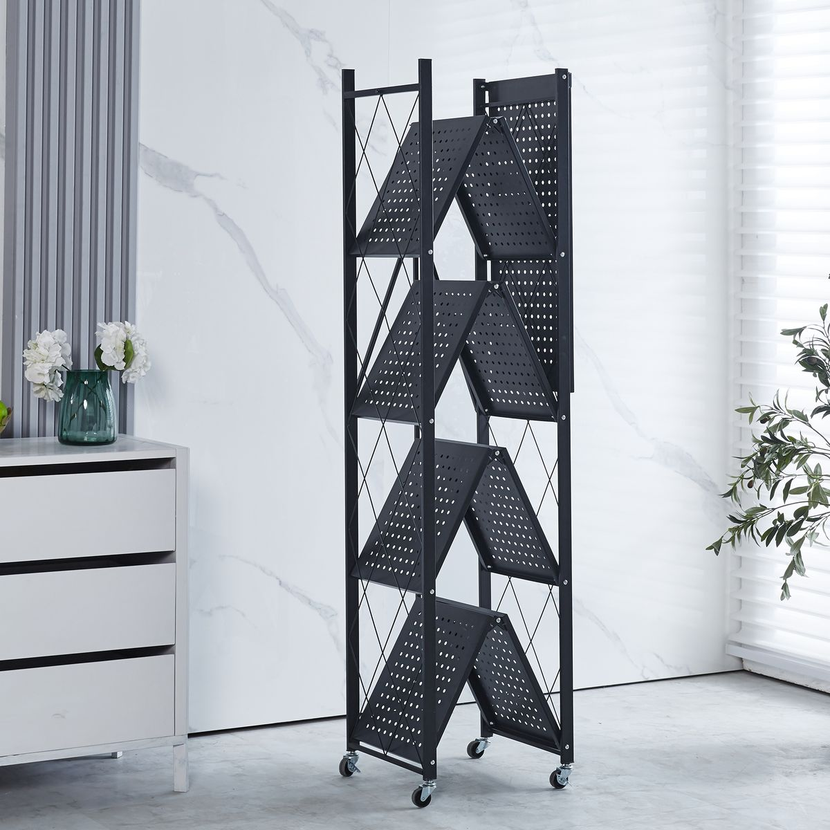 Folding storage rack, microwave rack, metal rack, folding metal rack, removable storage rack, multi-purpose rack, 3-layer, 4-layer, 5-layer, load-bearing capacity