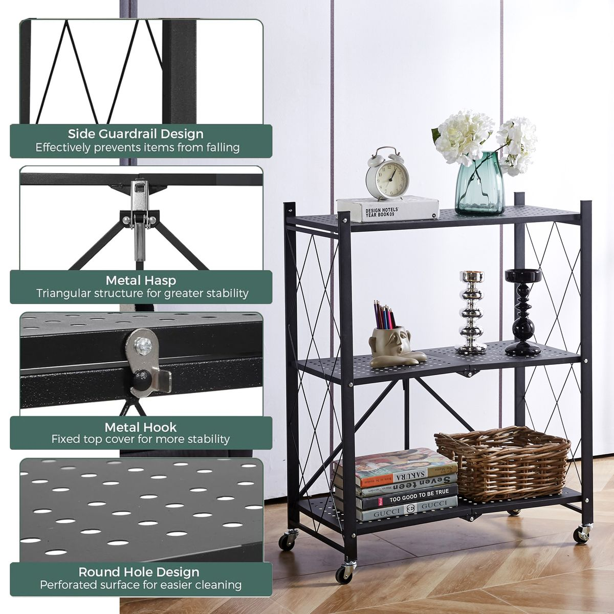 Folding storage rack, microwave rack, metal rack, folding metal rack, removable storage rack, multi-purpose rack, 3-layer, 4-layer, 5-layer, load-bearing capacity