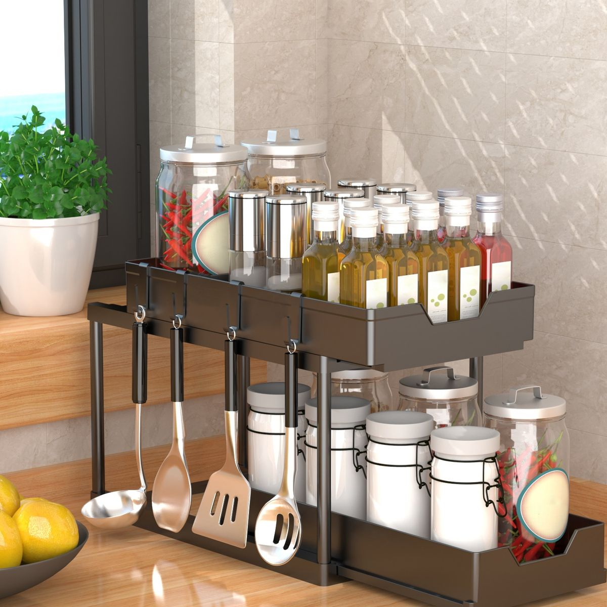 Kitchen Spice Organizer Rack Multi-Functional Pull-out 2-layer Shelf - Black