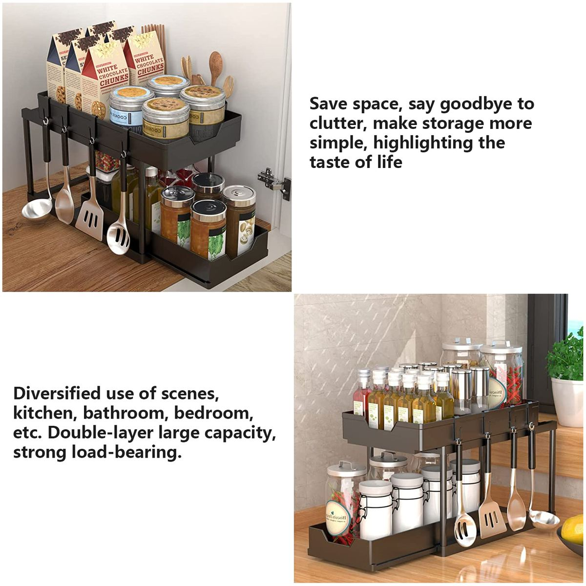 Kitchen Spice Organizer Rack Multi-Functional Pull-out 2-layer Shelf - Black