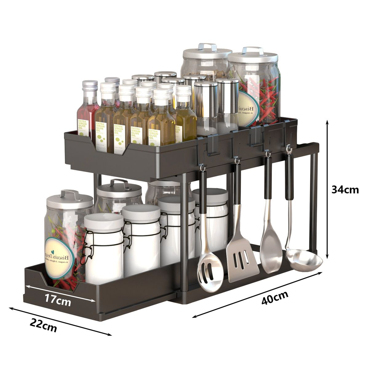Kitchen Spice Organizer Rack Multi-Functional Pull-out 2-layer Shelf - Black