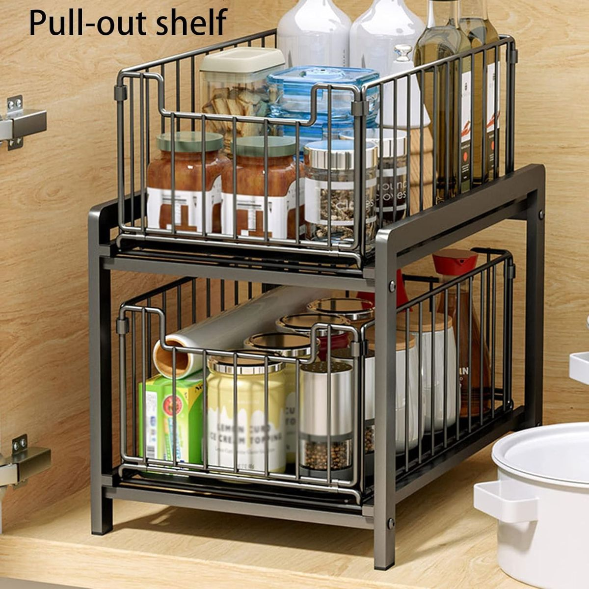 2 Tier Kitchen Storage Rack, Pull Out Metal Cabinets Organiser