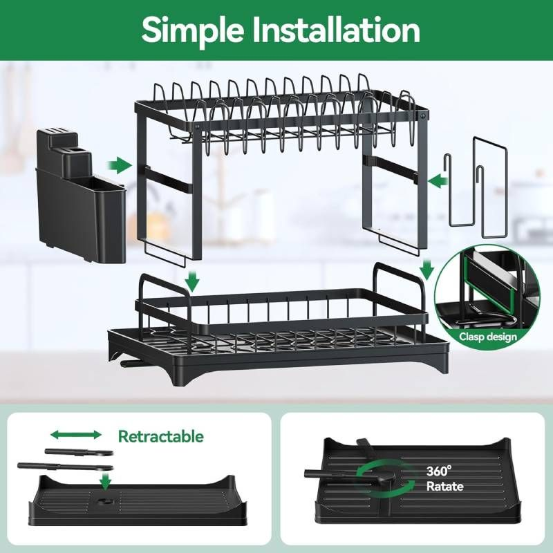 Dish Rack Kitchen Dish Drainer,Rustproof 2-Tier Dish Drying Rack - Black