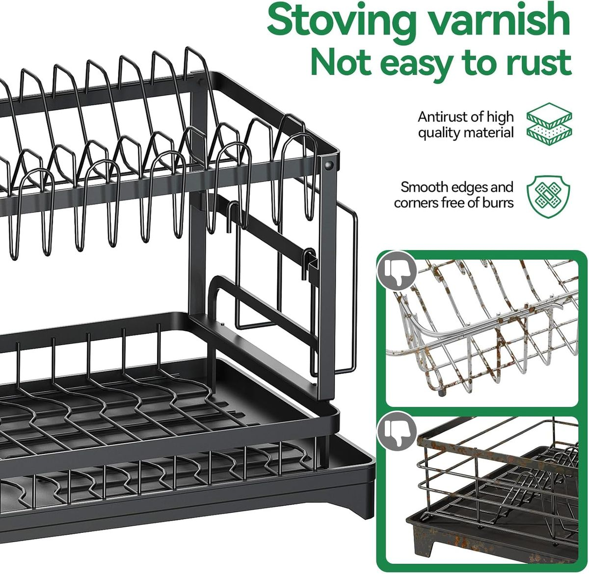 Dish Rack Kitchen Dish Drainer,Rustproof 2-Tier Dish Drying Rack - Black