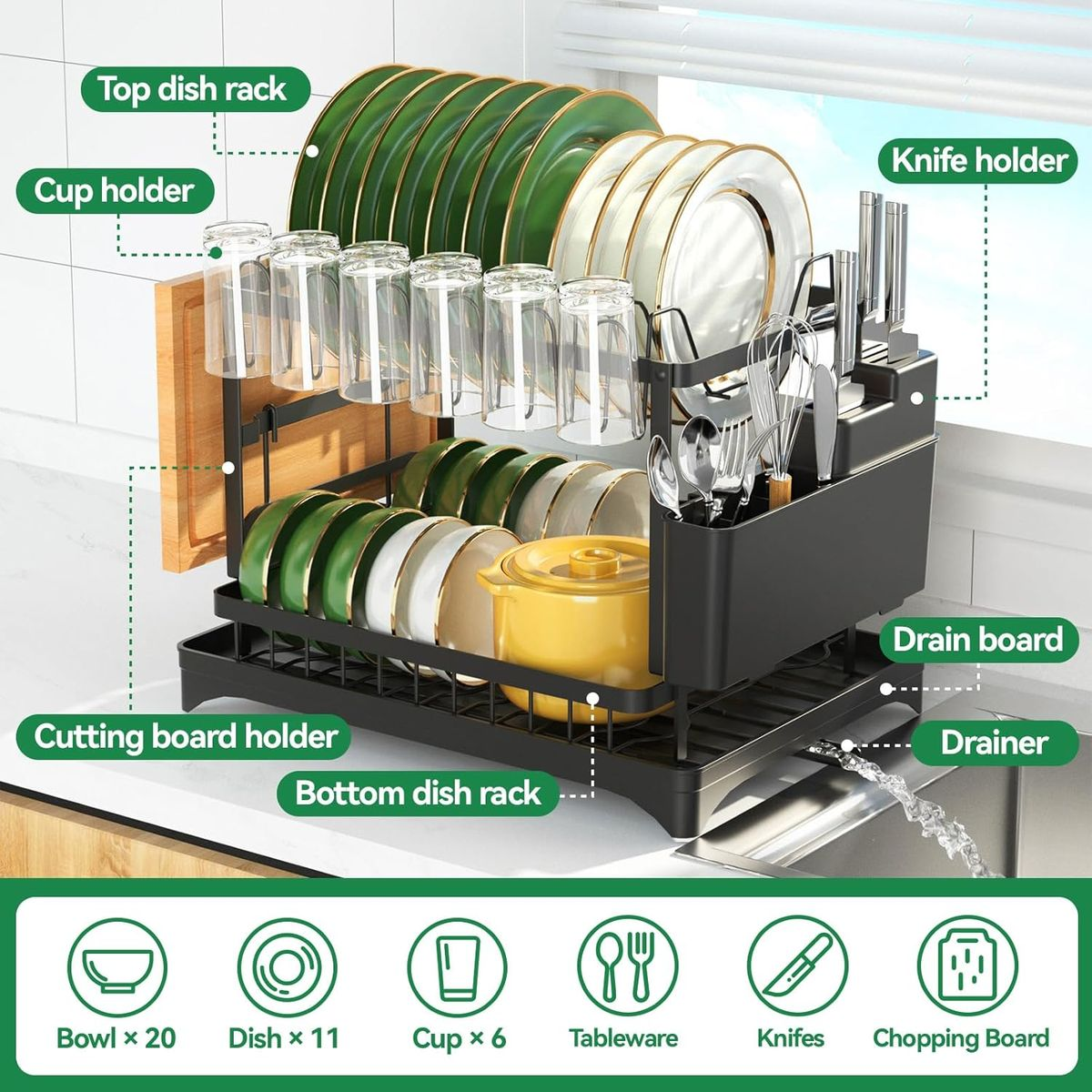 Dish Rack Kitchen Dish Drainer,Rustproof 2-Tier Dish Drying Rack - Black