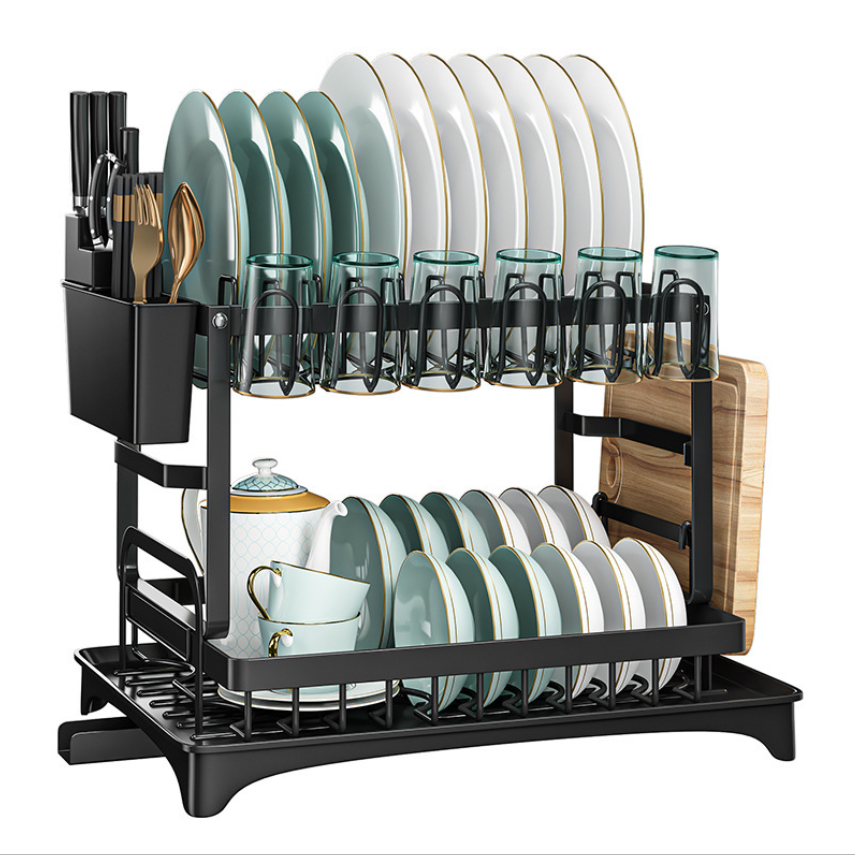 Dish Rack Kitchen Dish Drainer,Rustproof 2-Tier Dish Drying Rack - Black