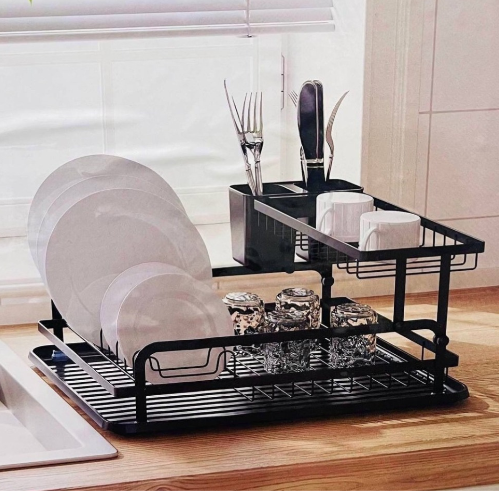 2-Tier Dish Drying Rack with Utensil Holder - Black