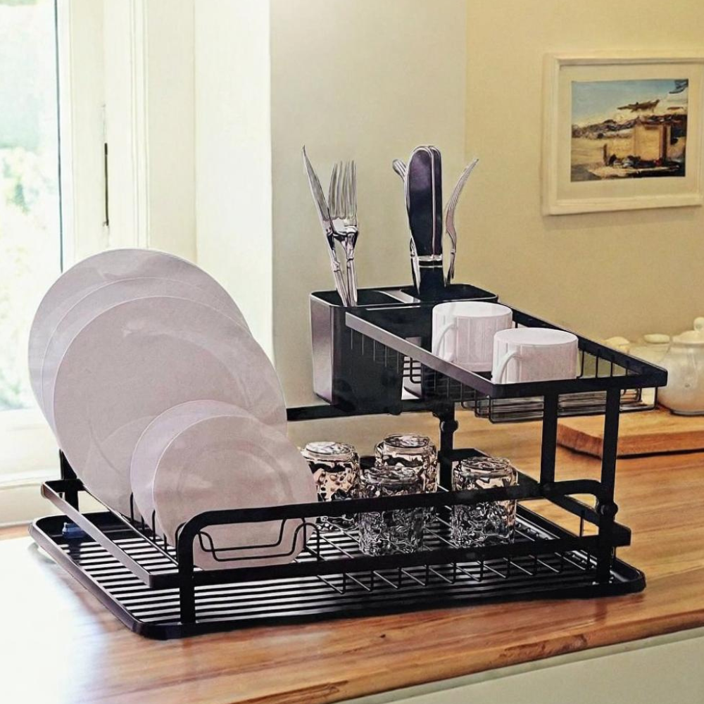 2-Tier Dish Drying Rack with Utensil Holder - Black