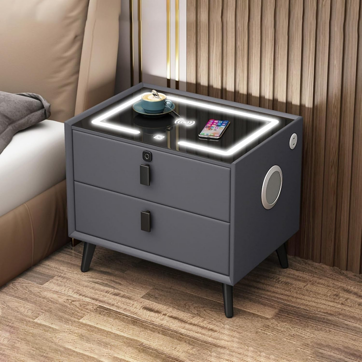 Smart Nightstand with Automatic Sensor LED Light and Wireless Charging Function with USB and TypeC Ports - 2 Drawers, Dimmable Nightstand, 3 Colors Available (Dark Gray)