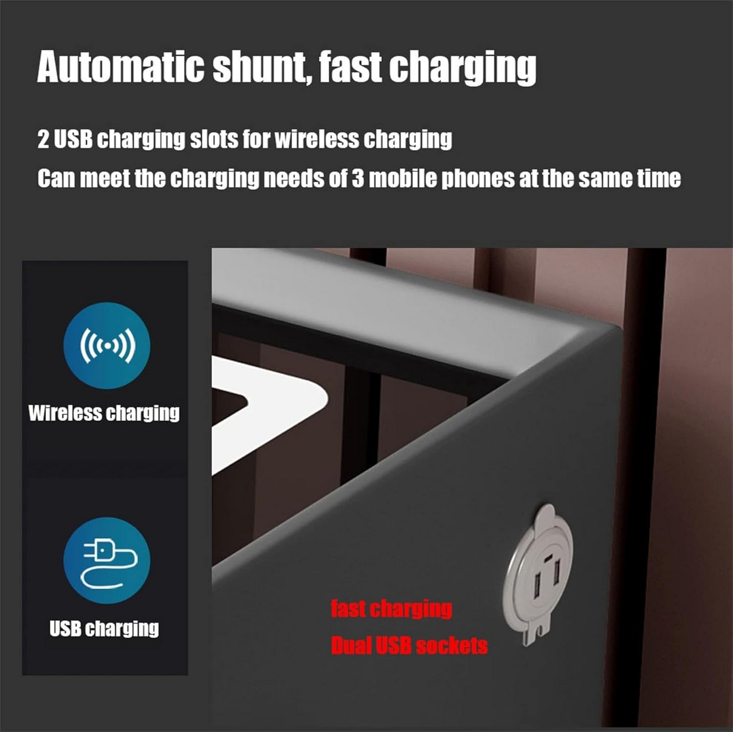 Smart Nightstand with Automatic Sensor LED Light and Wireless Charging Function with USB and TypeC Ports - 2 Drawers, Dimmable Nightstand, 3 Colors Available (Dark Gray)