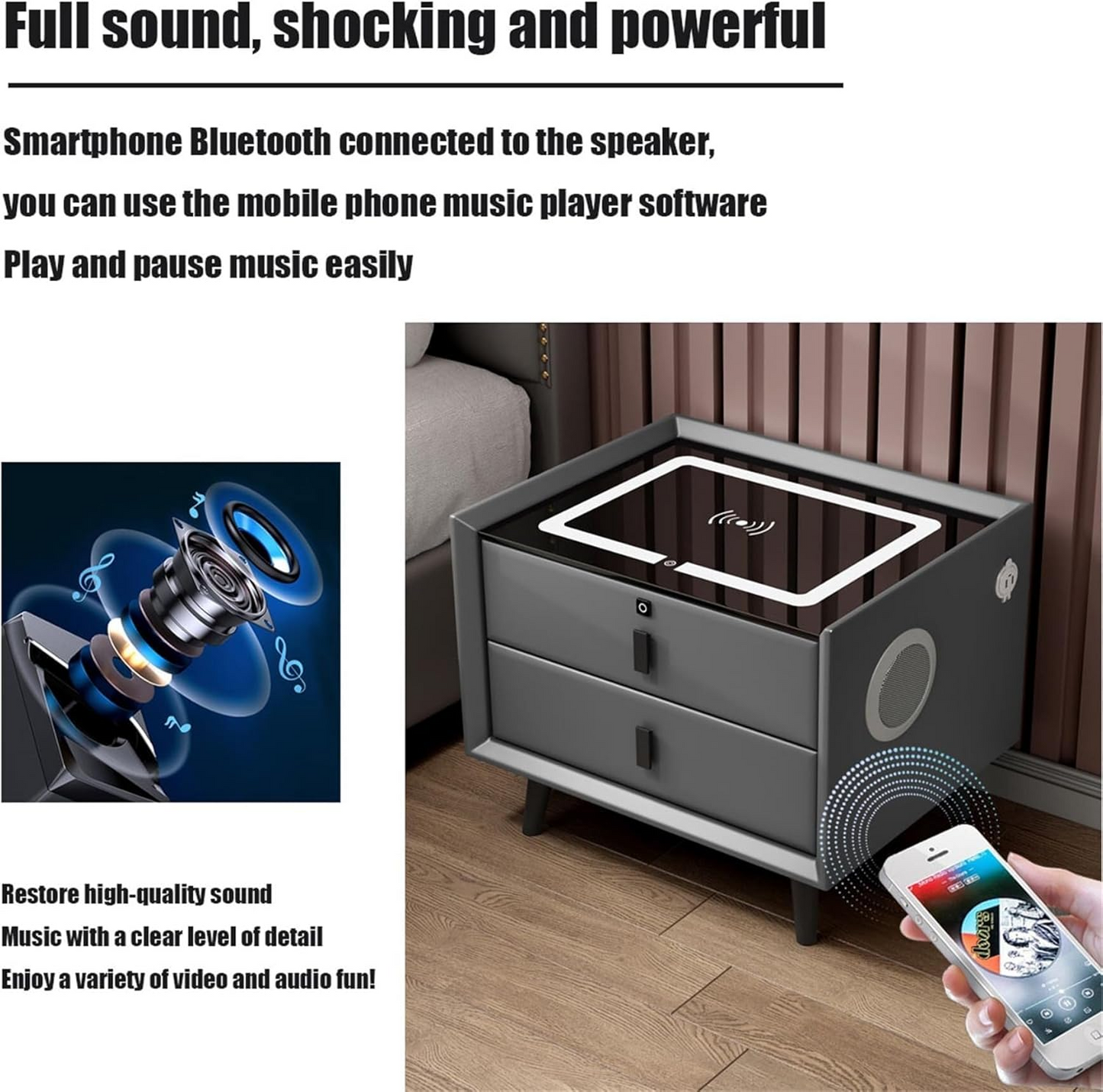 Smart Nightstand with Automatic Sensor LED Light and Wireless Charging Function with USB and TypeC Ports - 2 Drawers, Dimmable Nightstand, 3 Colors Available (Dark Gray)