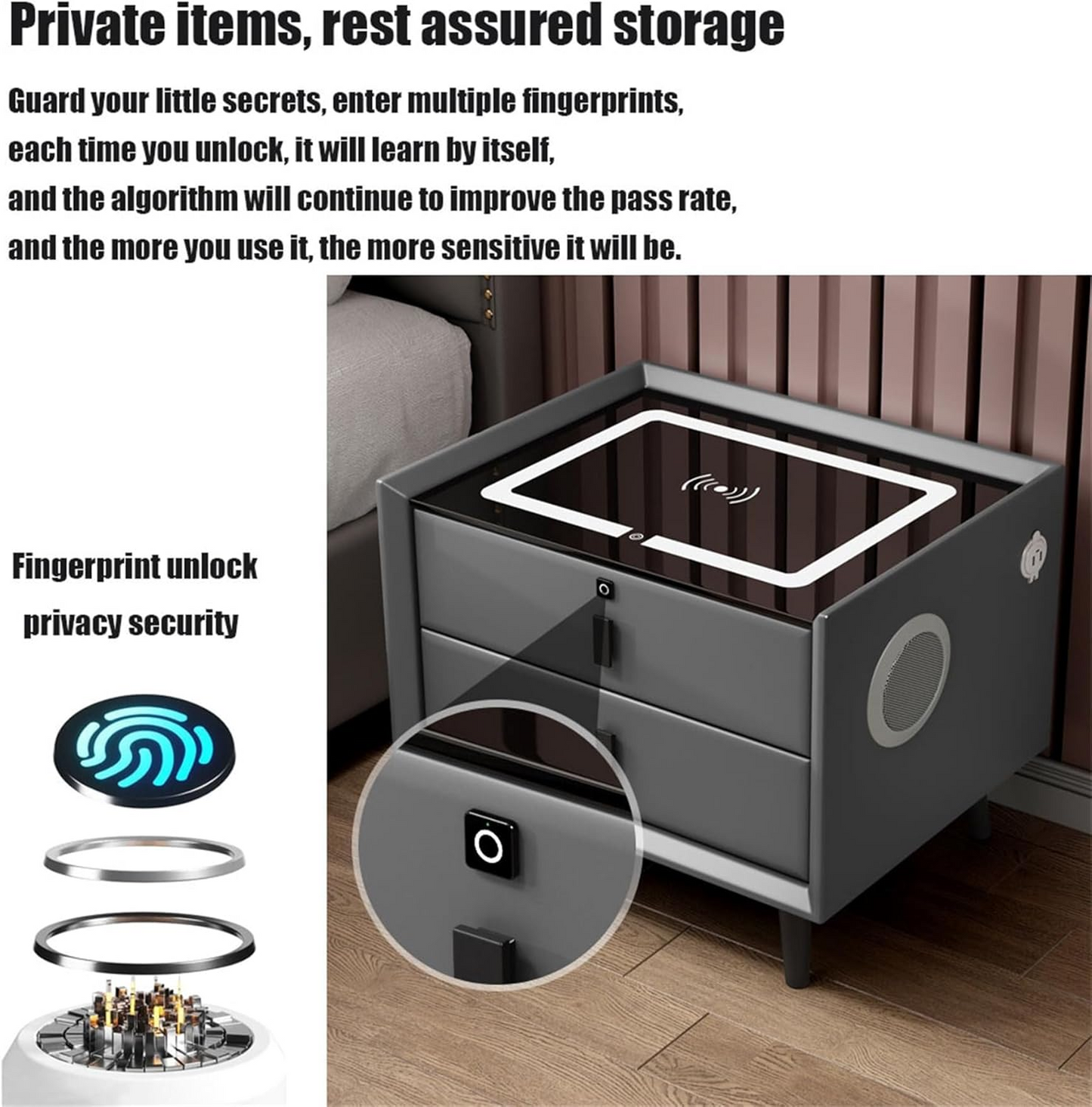 Smart Nightstand with Automatic Sensor LED Light and Wireless Charging Function with USB and TypeC Ports - 2 Drawers, Dimmable Nightstand, 3 Colors Available (Dark Gray)