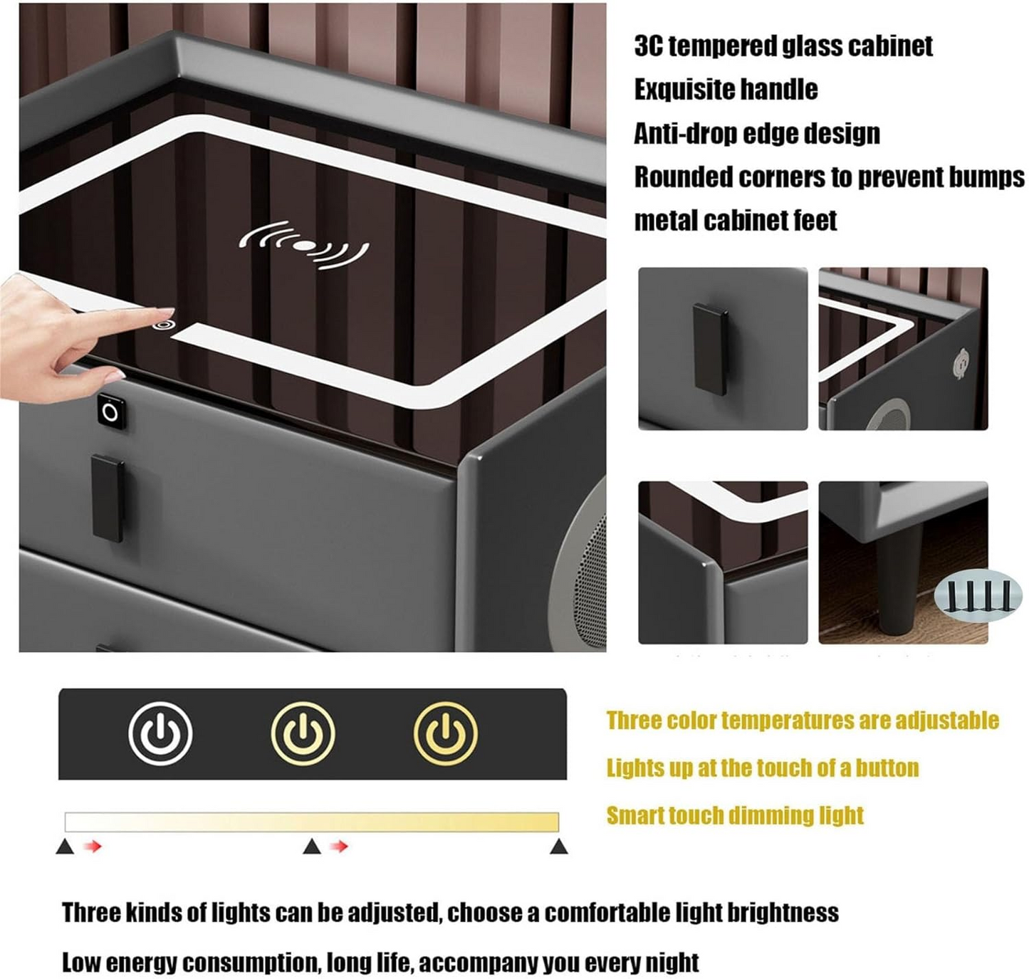 Smart Nightstand with Automatic Sensor LED Light and Wireless Charging Function with USB and TypeC Ports - 2 Drawers, Dimmable Nightstand, 3 Colors Available (Dark Gray)