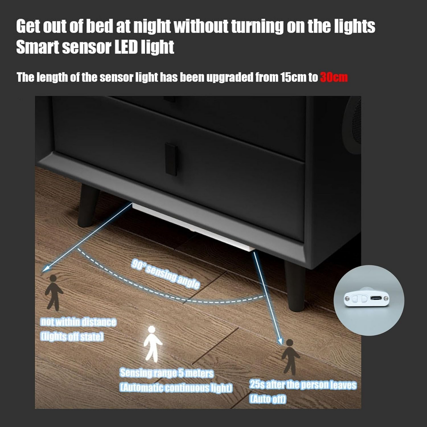 Smart Nightstand with Automatic Sensor LED Light and Wireless Charging Function with USB and TypeC Ports - 2 Drawers, Dimmable Nightstand, 3 Colors Available (Dark Gray)