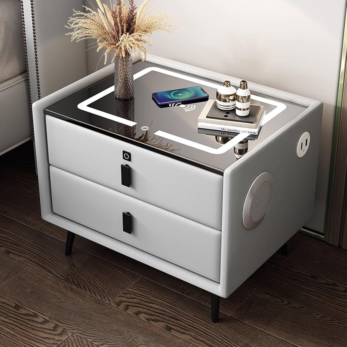 Smart Nightstand with Automatic Sensor LED Light and Wireless Charging Function with USB and TypeC Ports - 2 Drawers, Dimmable Nightstand, 3 Colors Available (Dark Gray)