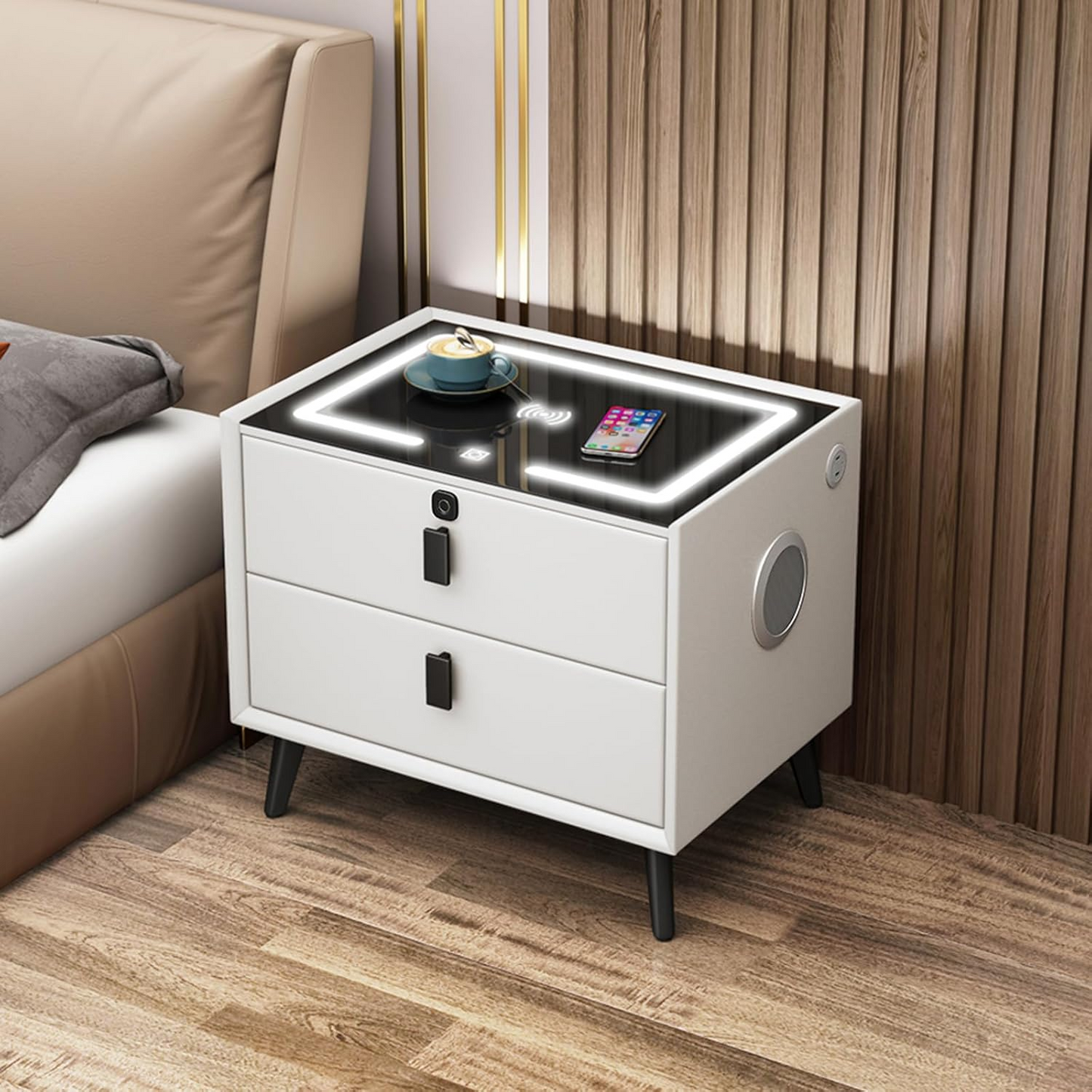 Smart Nightstand with Automatic Sensor LED Light and Wireless Charging Function with USB and TypeC Ports - 2 Drawers, Dimmable Nightstand, 3 Colors Available (Dark Gray)