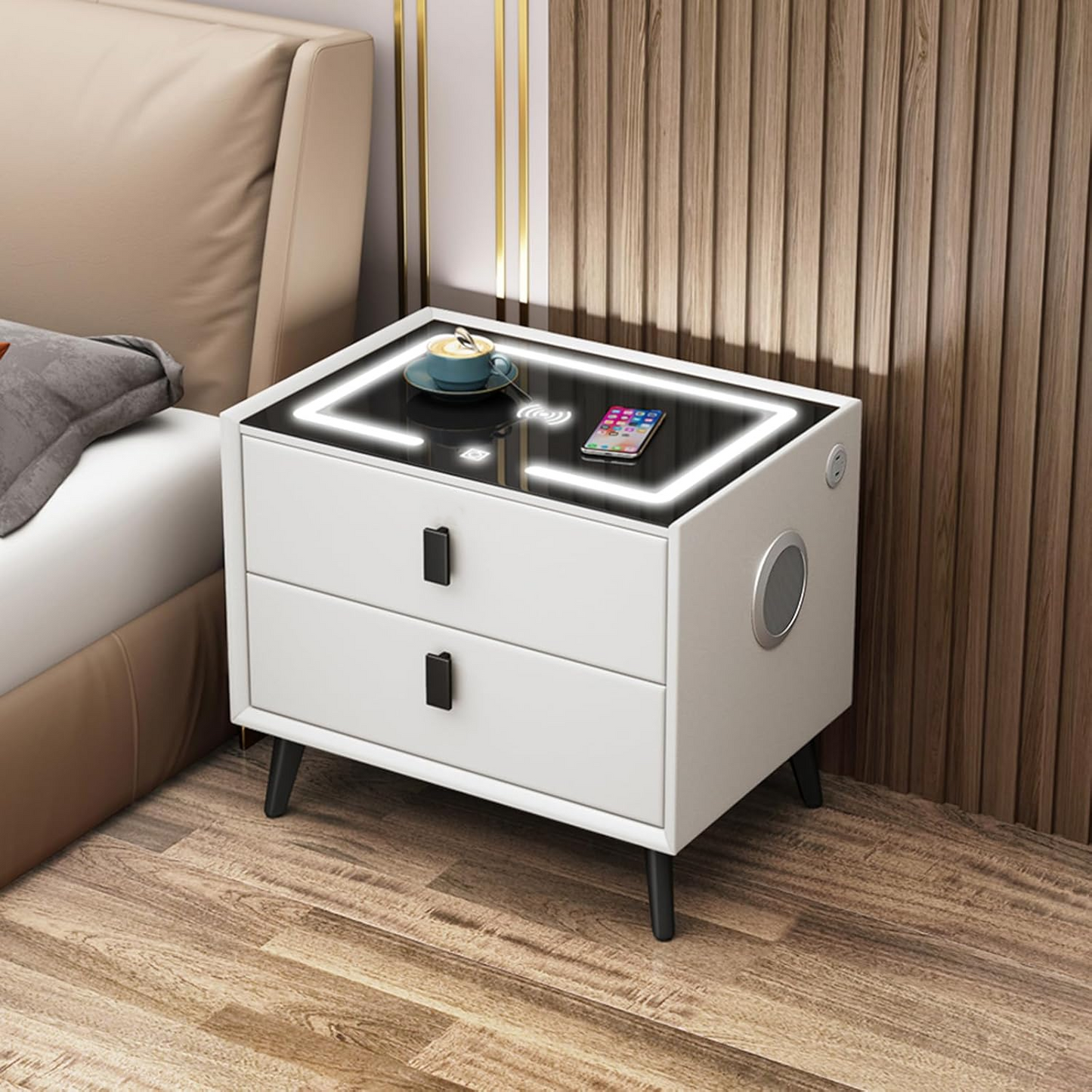 Ekko Smart Nightstand with Automatic Sensor LED Light and Wireless Charging Function with USB and TypeC Ports - 2 Drawers, Dimmable Nightstand, 3 Colors Available