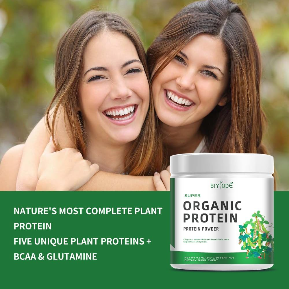 BIYODE Organic Pea Protein Powder, Super Organic Protein, Five Unique Plant Proteins + BCAAs and Glutamine, with Digestive Enzymes, 240g