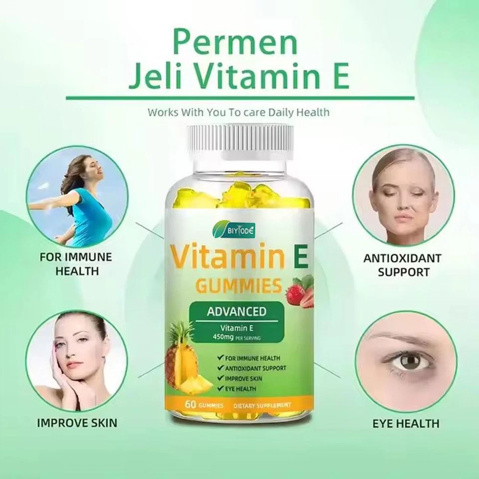 BIYODE Pineapple Flavor Vitamin E Gummies, 450 mg per serving, Immunity Enhancement, Antioxidant Support, Skin Improvement, 60 Gummies