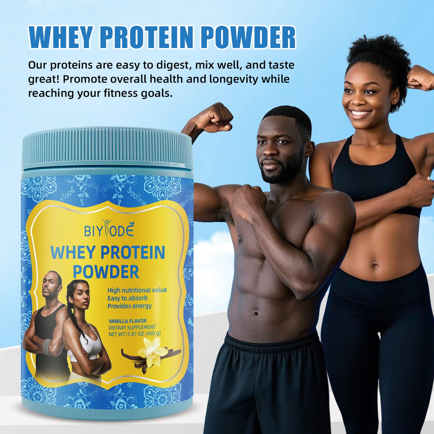 BIYODE whey protein powder, high nutritional value, easy to absorb, provides energy vanilla flavor dietary supplement, net weight 15.87 oz (450 g)